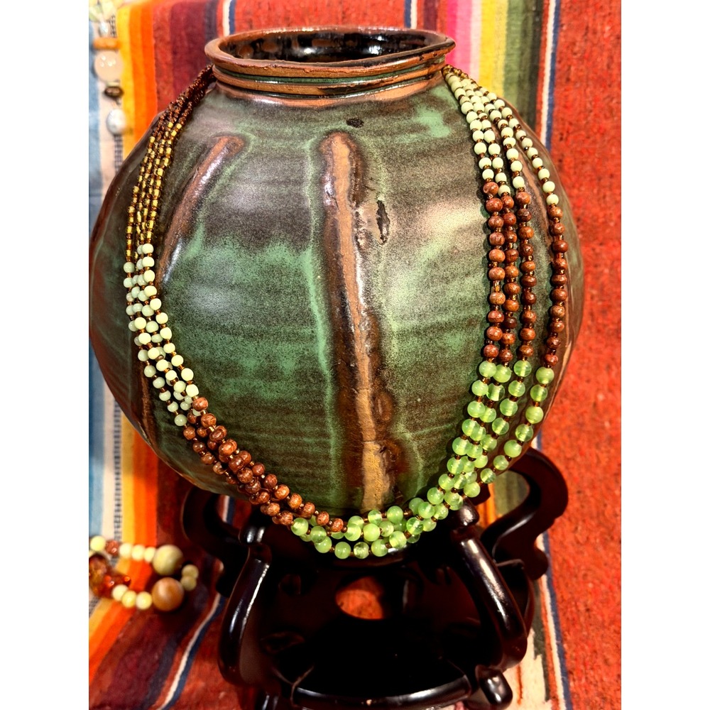 Multi-Strand Necklace with Green Gem Accents and Brown Wooden and Glass Beads